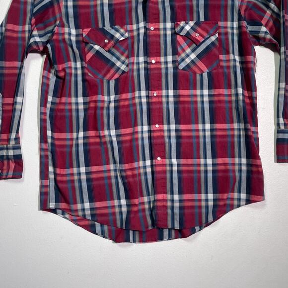 Vintage 80's Red Plaid Pearl Snap Button Shirt / Sz L / Plains Westernwear - Picture 4 of 8